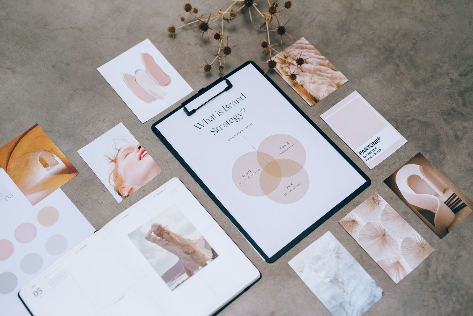 Flat lay of brand strategy materials including color swatches and mood board elements on a desk