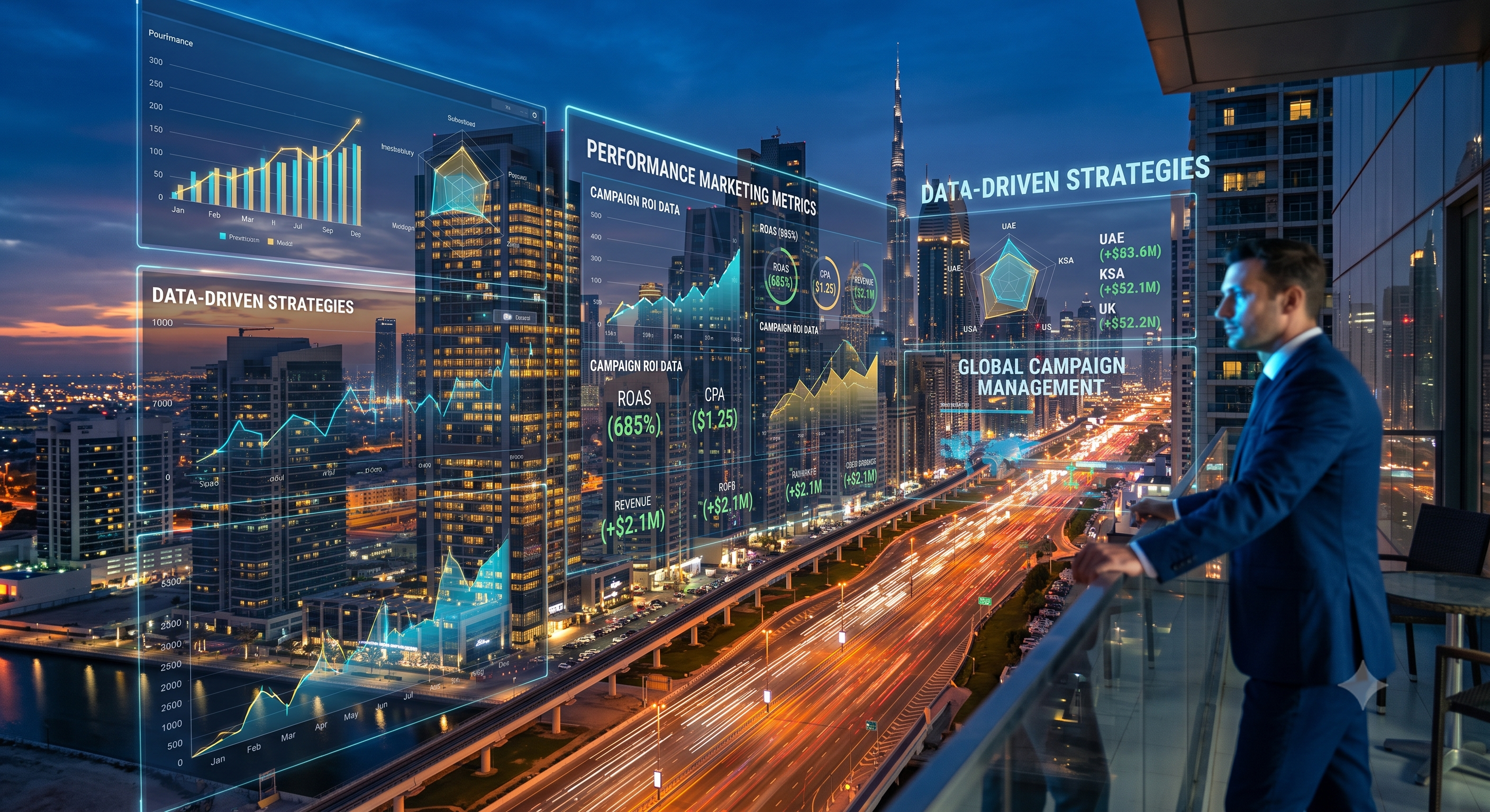 Dubai business skyline at evening, representing the UAE's competitive performance marketing agency market